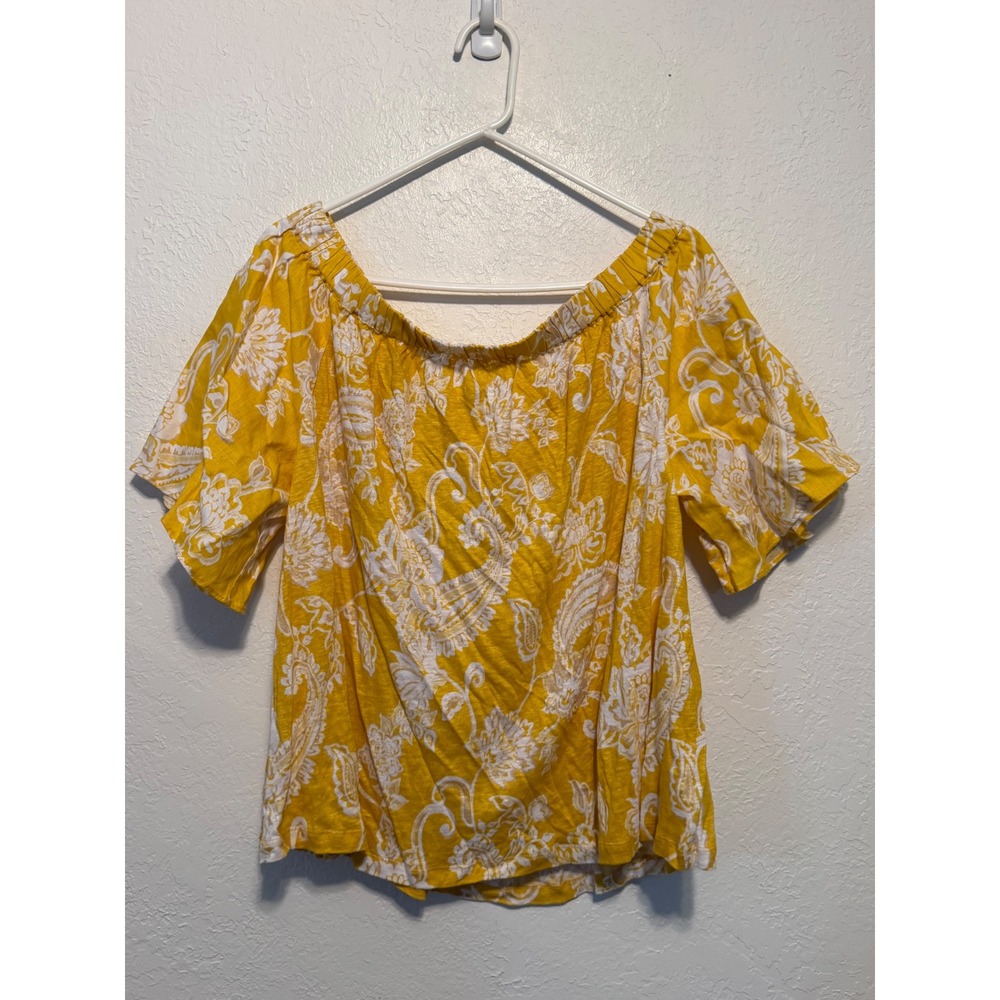 Chicos Yellow White Paisley Linen Off The Shoulder Top Size 3 XL Short Sleeve